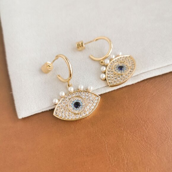 Alicia Bonnie | Sophia Evil Eye | Zirconia & Pearl Gold Drop Earrings - Picture 2 of 4
